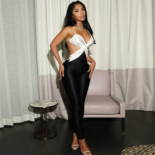 Summer Women's Backless Contrast Color High Waist Tight Slimming One-piece Trousers
