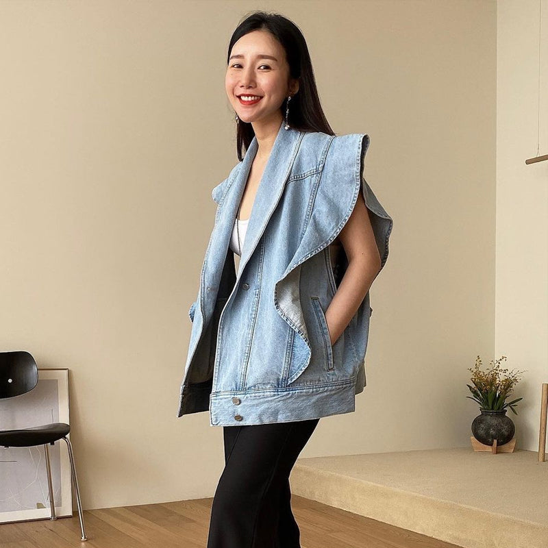 Summer Retro Niche Lapel Ruffled Loose Wild Washed Blue Denim Waistcoat
