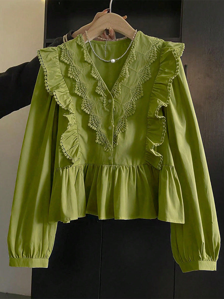 Womens Casual Solid-Color Lace-Patchwork Ruffle-Trim Long-Sleeve Top
