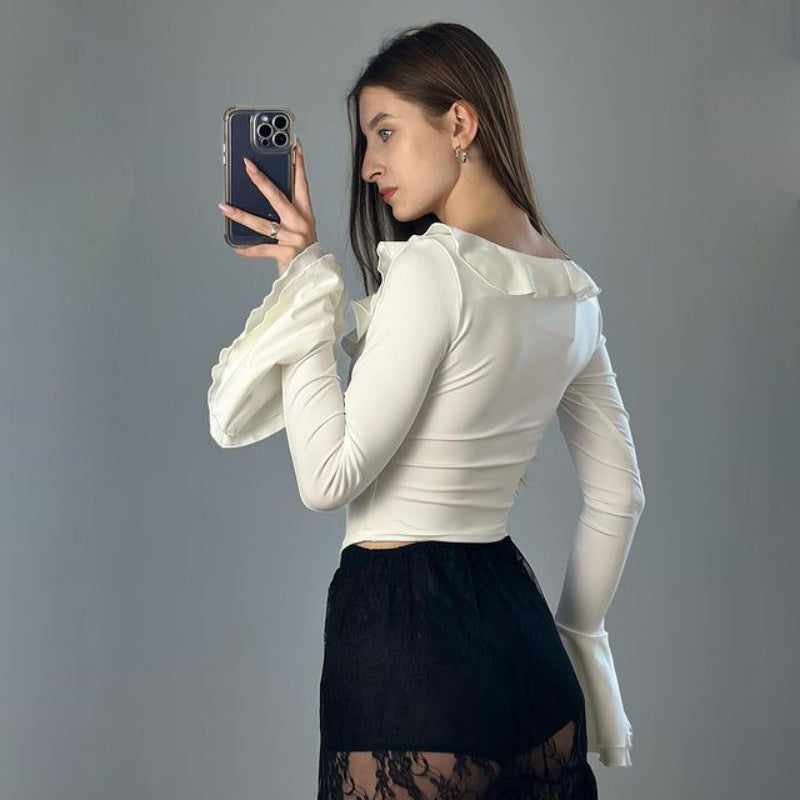Ruffle-trimmed Crew-neck Top With Flared Sleeves