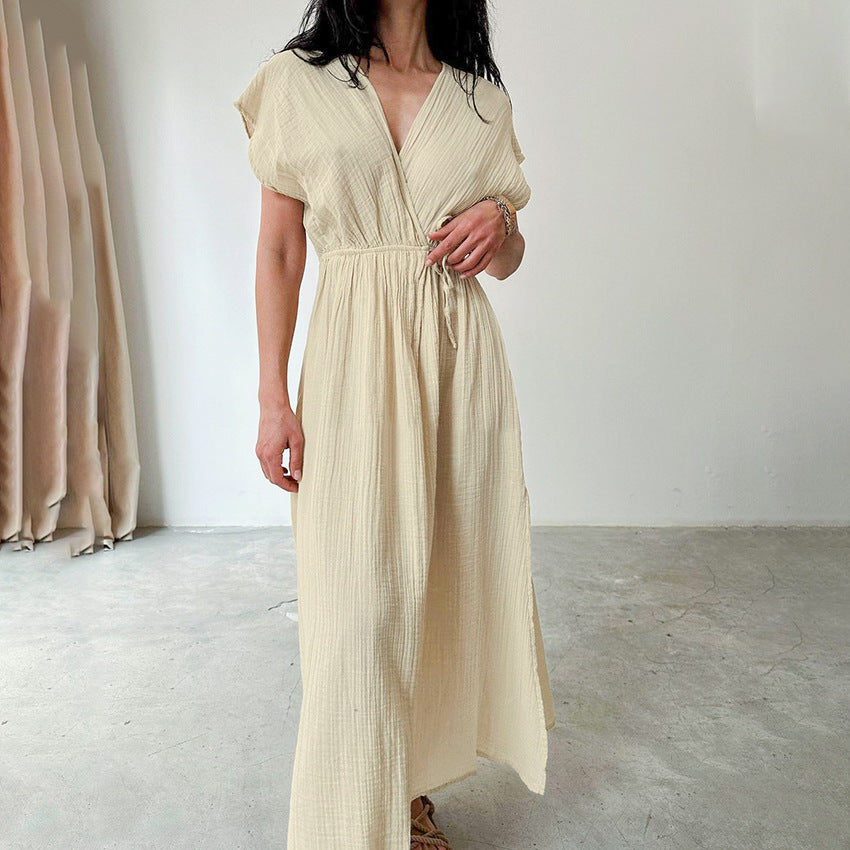 Deep V-neck Short-Sleeve Long Nightdress Loose-Fitting One-Piece Breathable Womens Loungewear