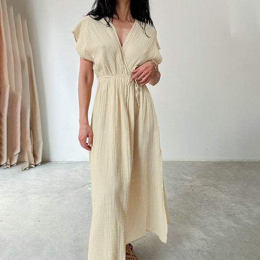 Deep V-neck Short-Sleeve Long Nightdress Loose-Fitting One-Piece Breathable Womens Loungewear