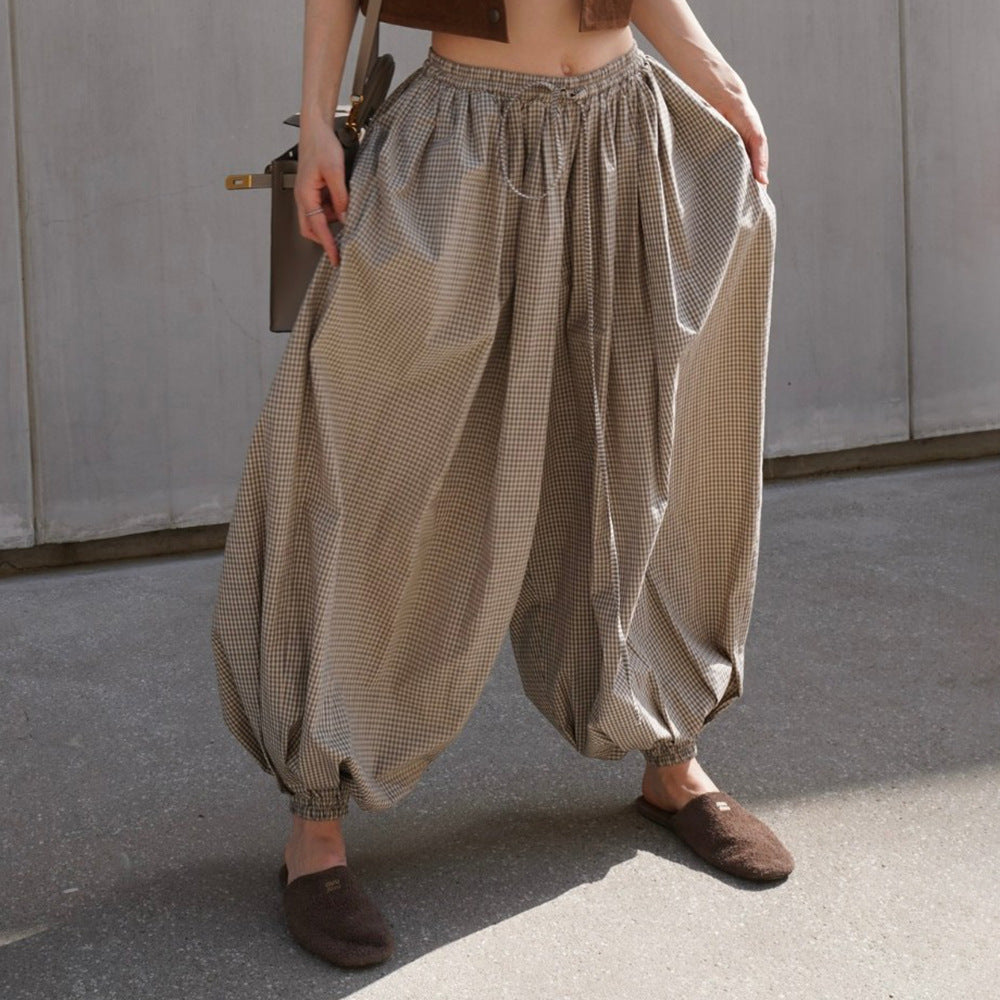 Retro Brown Plaid Wide-leg Bloomers