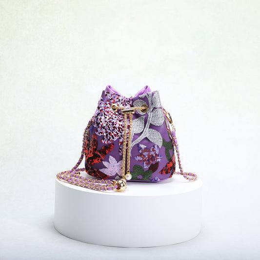 Bucket Bag With Mesh Patchwork Contrasting Colors Drawstring And Chain Strap