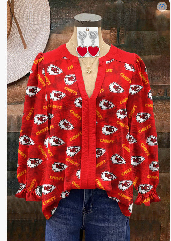 Women's Shirt Loose V-Neck Long Sleeve