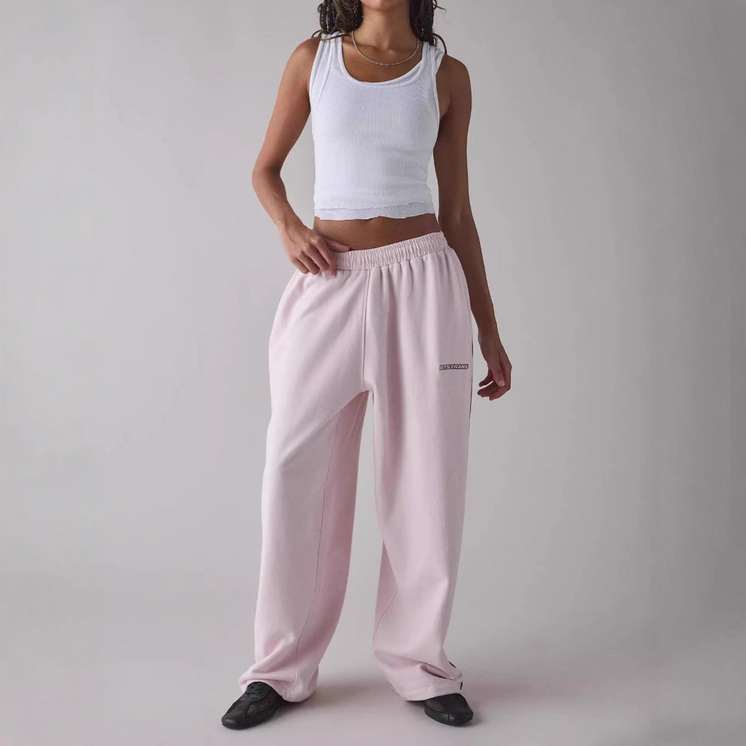 Embroidered Casual Women's Loose Straight Elastic Waist Versatile Pants