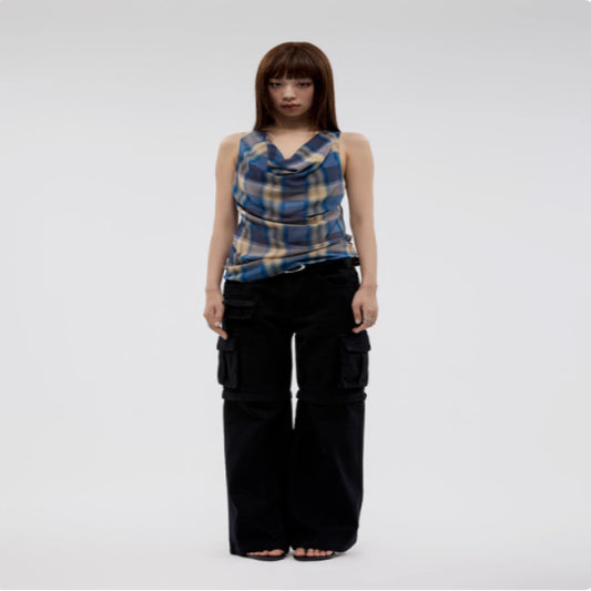 Vintage Check Pleated Swing Neck Sleeveless Tank Top