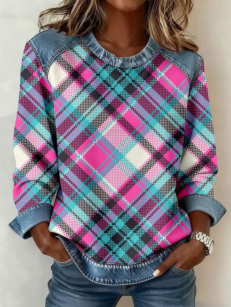Womens Retro Crew-Neck Long-Sleeve Sweatshirt Top