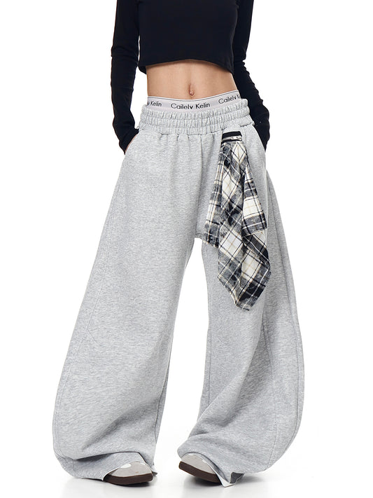 Retro Detachable Plaid Square Scarf Loose Wide-leg Pants