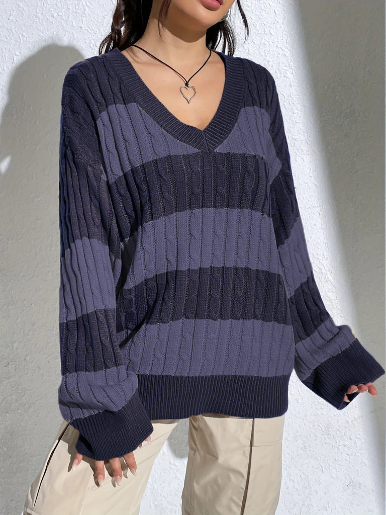 Contrast Color V-neck Loose-fitting Long Sleeve Sweater Women