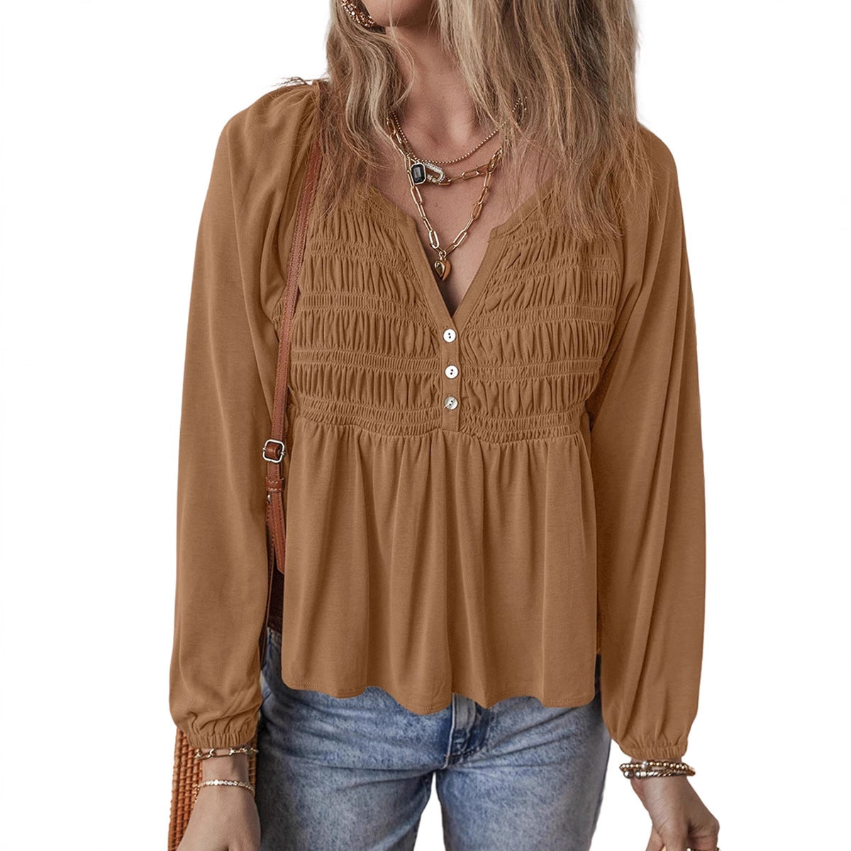 Dame Alsidig Lotusblad Ensfarvet Pullover V-hals Chiffon Skjorte