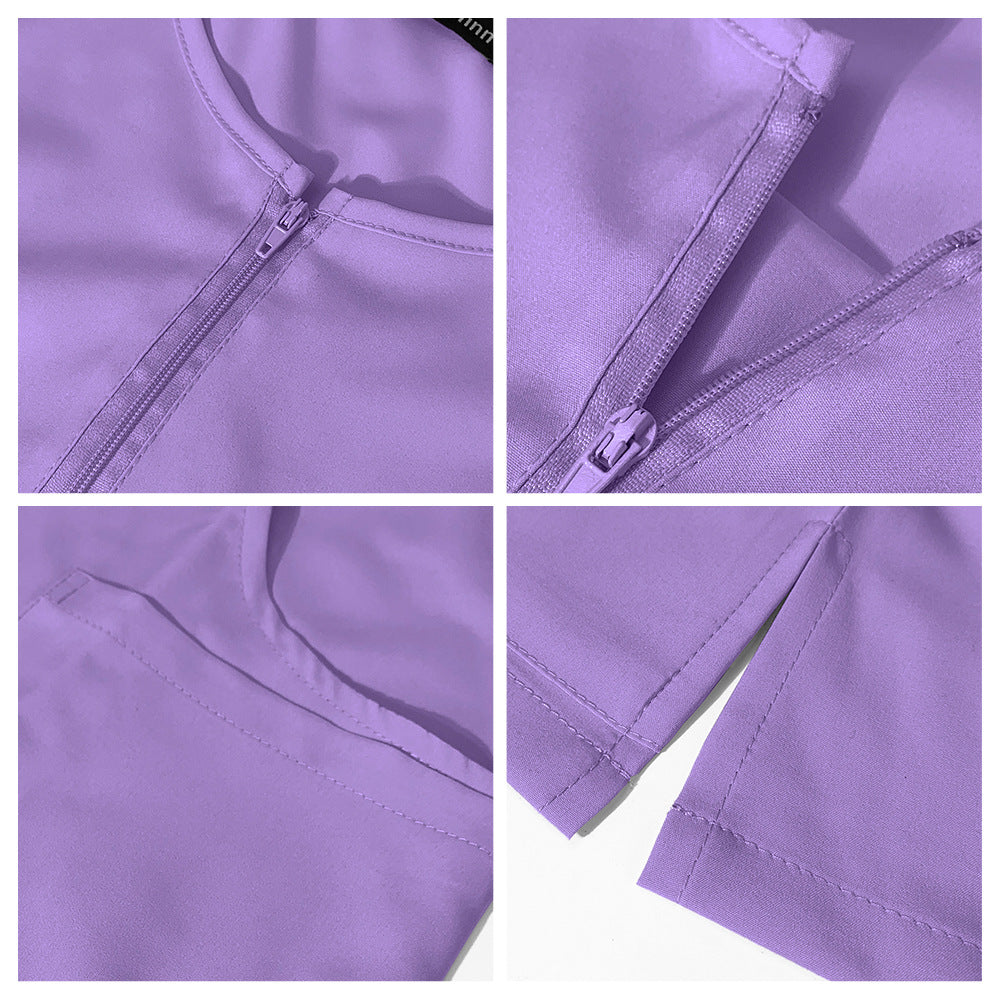 Zip-front Half-zip Collar Scrub Cream Set With Long Pants