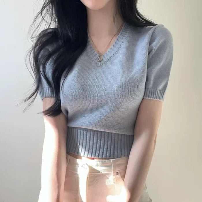 Simple V-neck Solid Color Short-sleeved Sweater Casual Short Top
