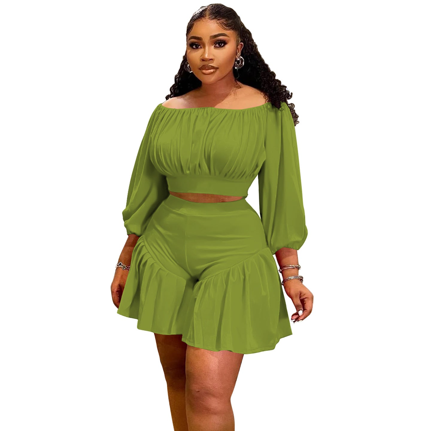 Pleated One-shoulder Puff Waist-casual Two-piece Set