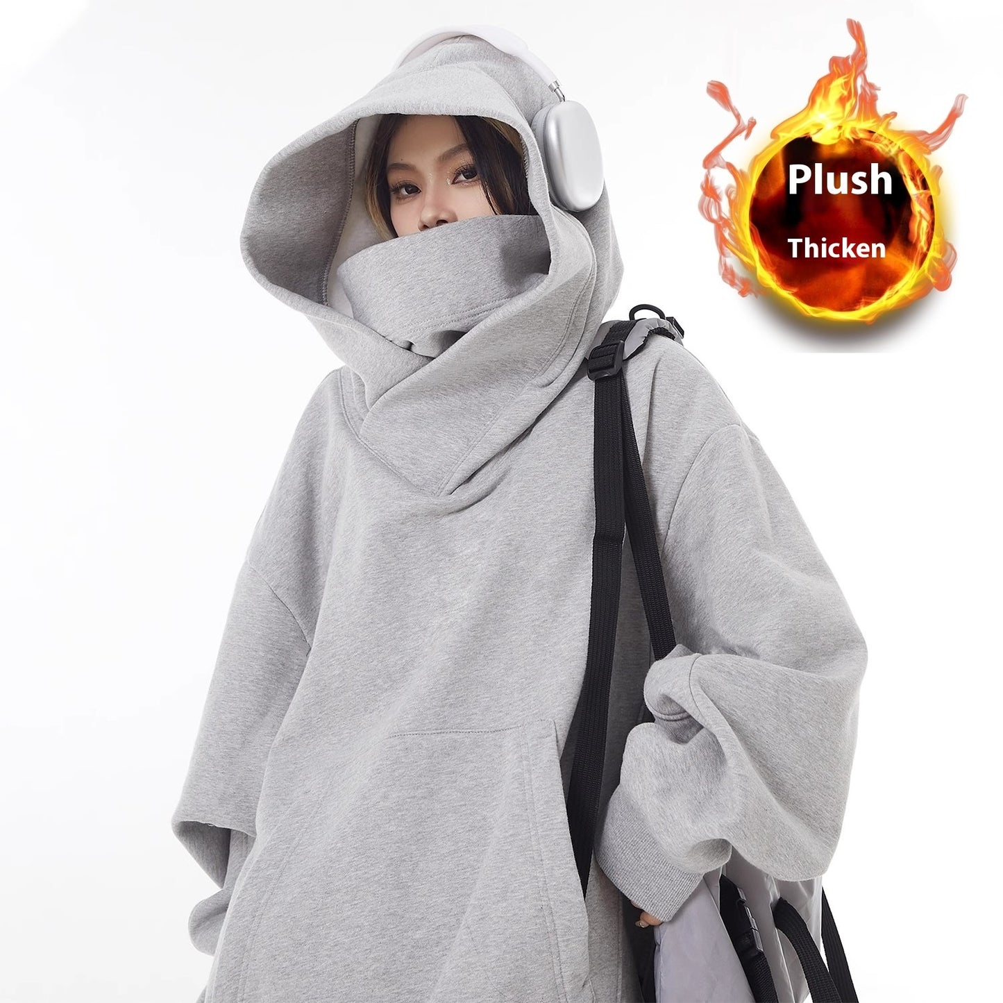 Loose High Collar Hooded Fleece Lined Sweater