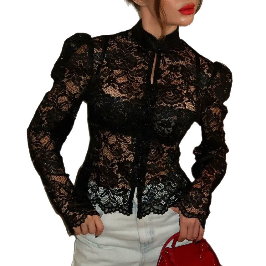 Women's Fashionable Sexy Stand Collar Lace Puff Sleeve Shirt