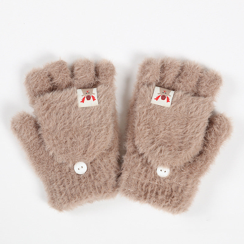 Plush Winter Half Finger Flap Warm Thickened Mink Like Knitting Gloves