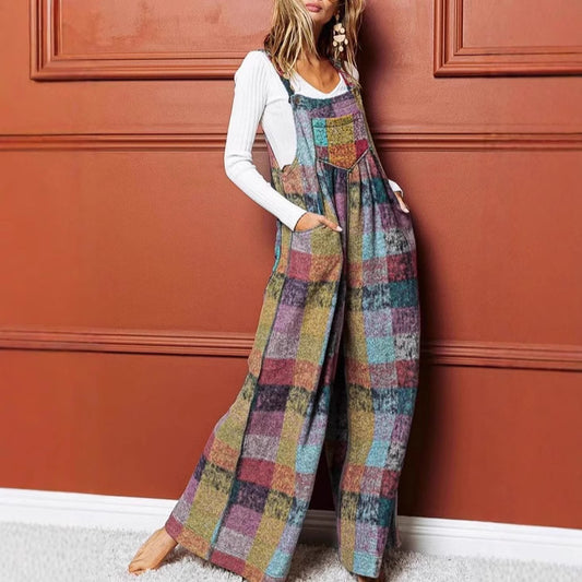 Women's Multi-color Plush Plaid Wide-leg Overalls