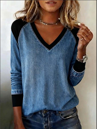 Women's Casual Loose V-Neck Contrast-Piece Patchwork Top