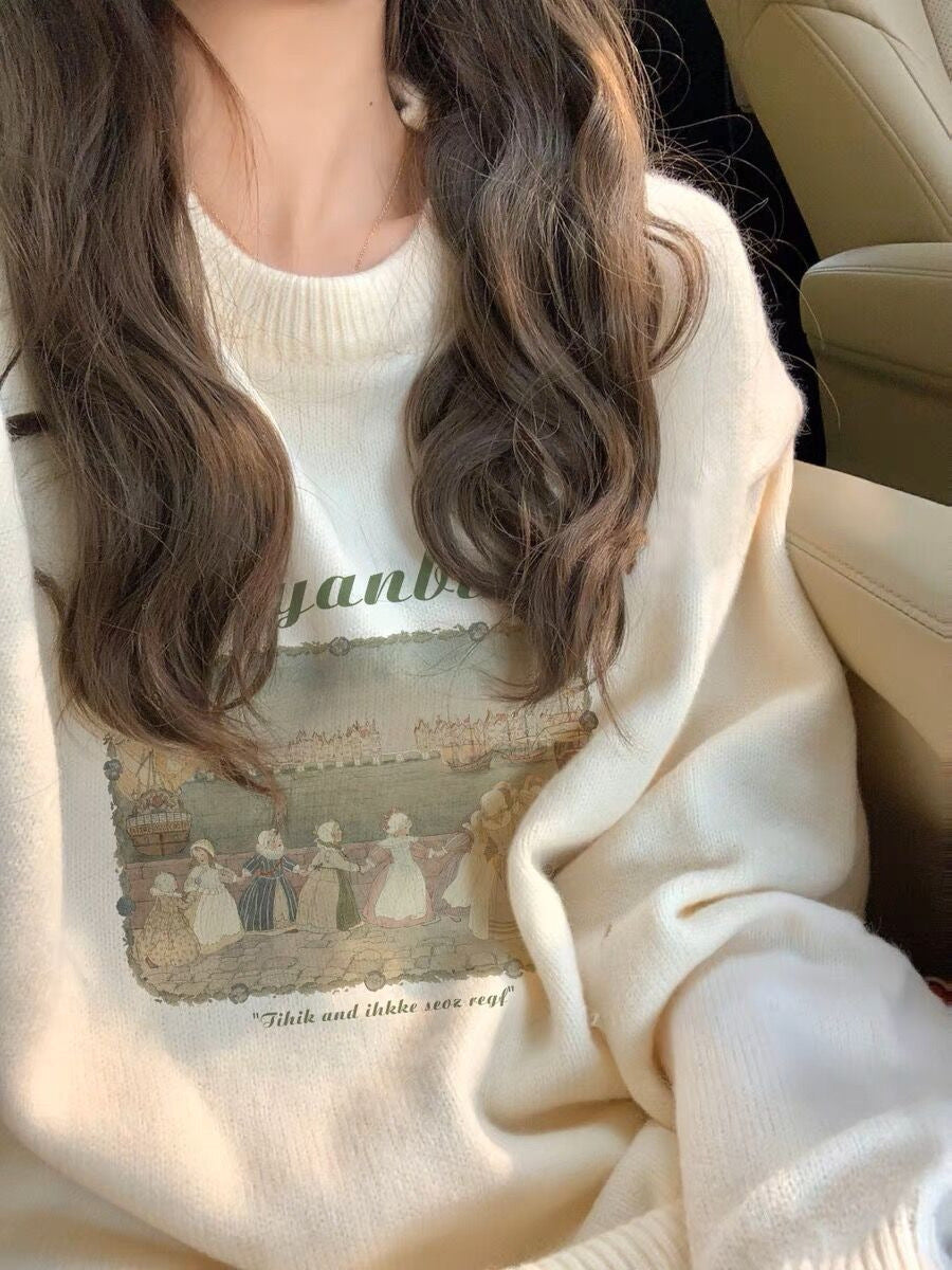Retro Lazy Pullover Sweater Printed Women's Top