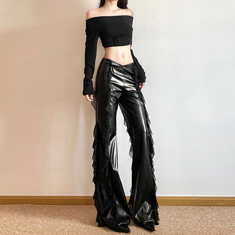 Hot Girl Mesh Stitching Design PU Leather Bootleg Pants Female