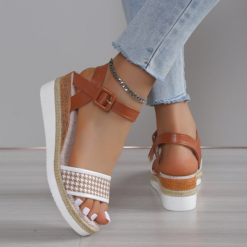 Houndstooth-mønstrede sandaler til kvinder med spænde, sommer, festsko