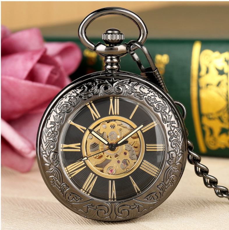 Flip Cover Transparent Carved Magnifying Glass Automatic Engraving Mechanical Pocket Watch