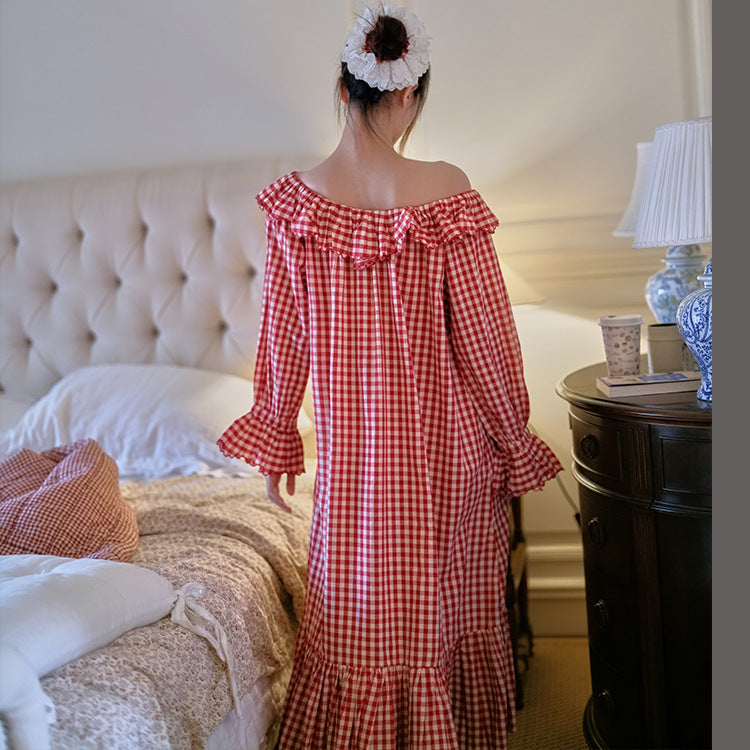 Plaid Sweet Nightgown Loose Loungewear Outerwear-Friendly French-Style Womens SpringAutumn Nightgown