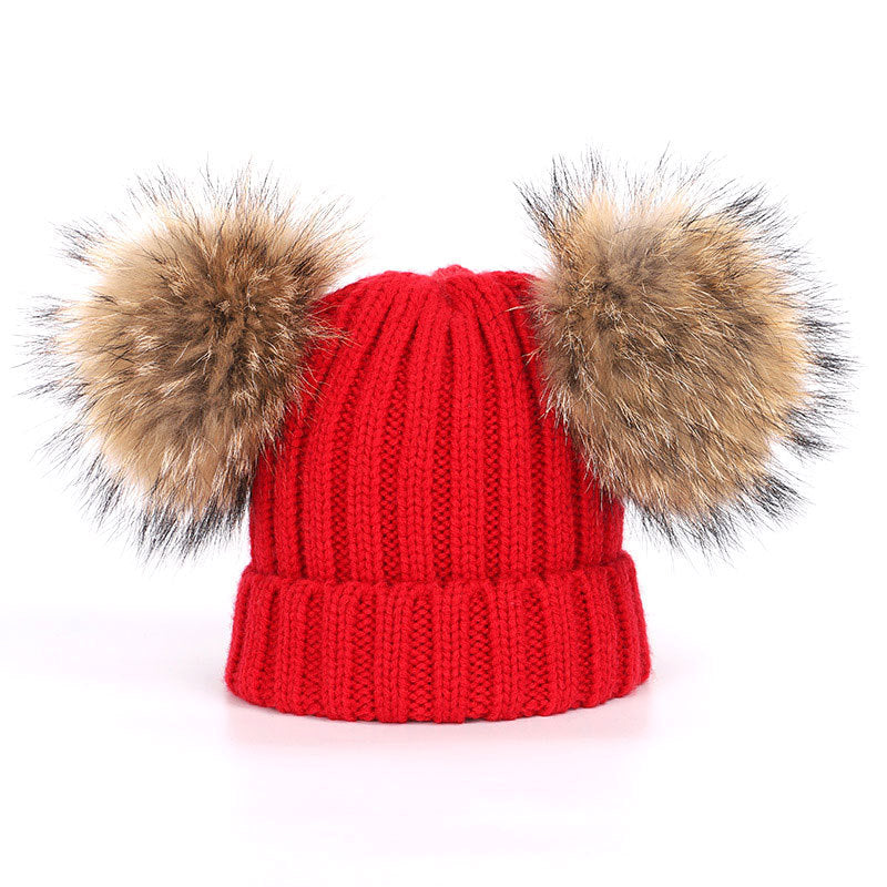 Men's And Women's Thickened Raccoon Fur Ball Knitted Ear  Set