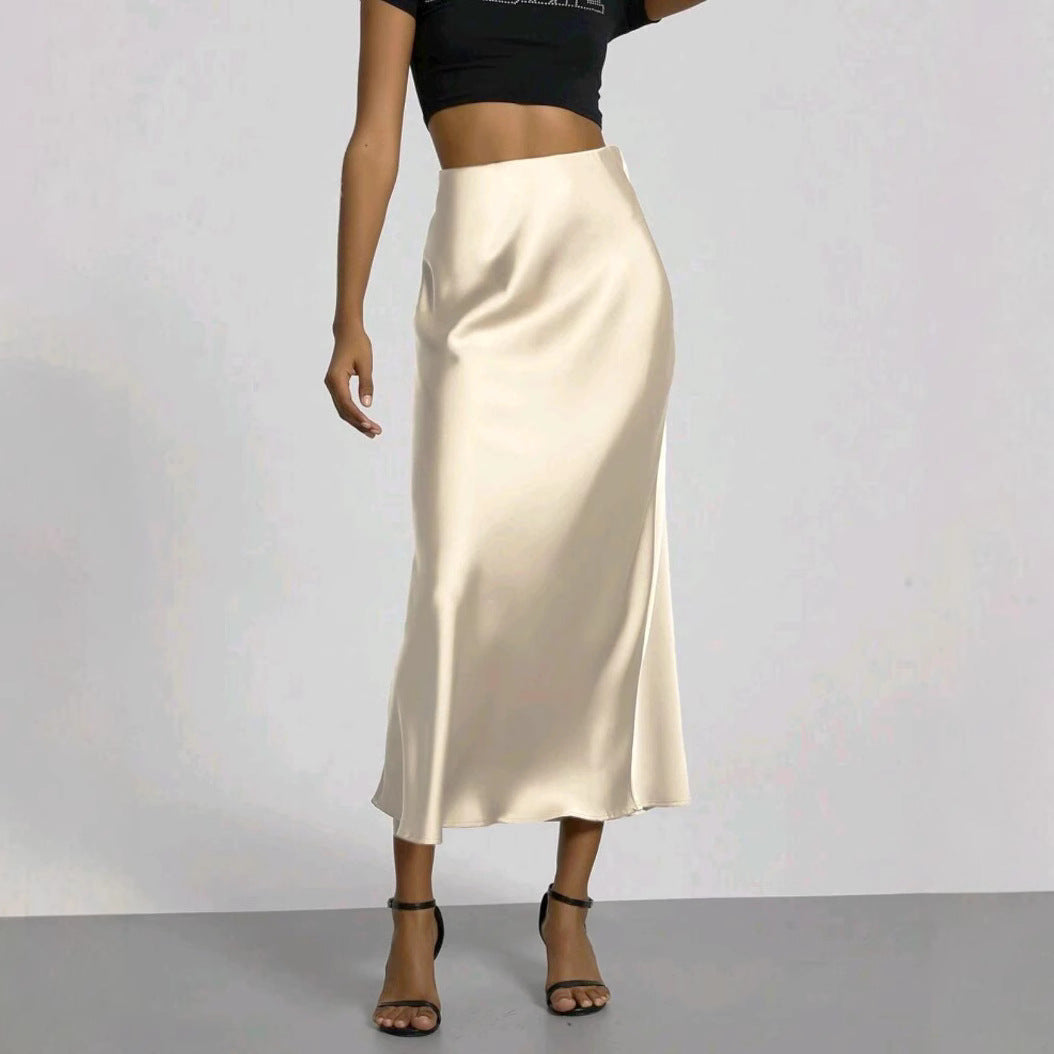Dame Slim Fit Satin Nederdel Mode Smart Ensfarvet Lang Nederdel