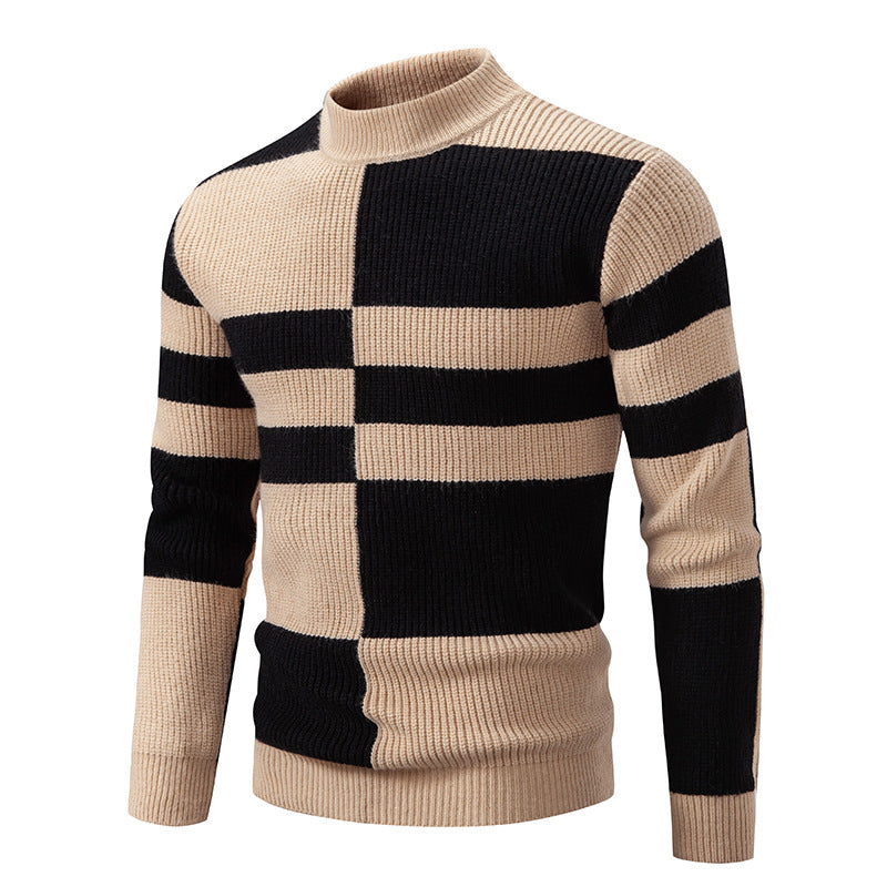 Men's Half-high Collar Contrast Color Pullover Knitwear Korean Youth Fashion Casual Top