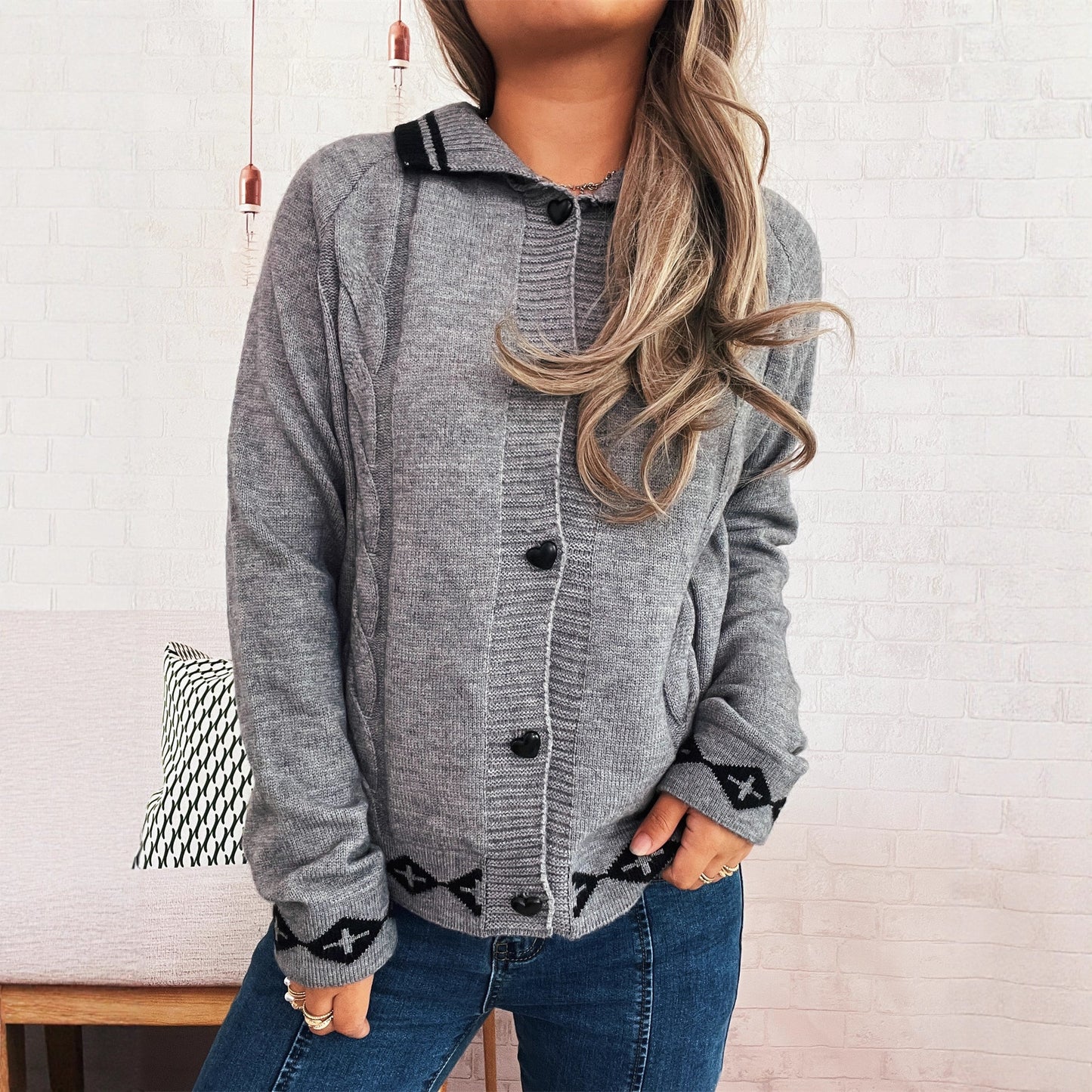 Retro Pattern Cute Love Button Lapel Long Sleeve Sweater