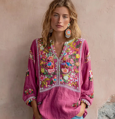 Womens Printed Linen Long-Sleeve Shirt Top