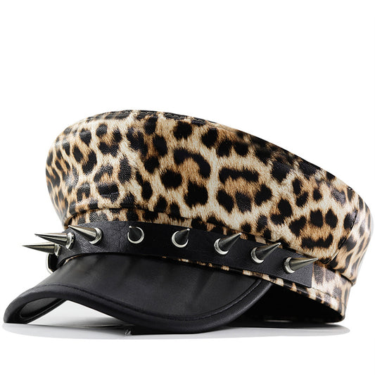 Leopard Print Leather Hat Punk Rock Beret Leather Summer And Autumn
