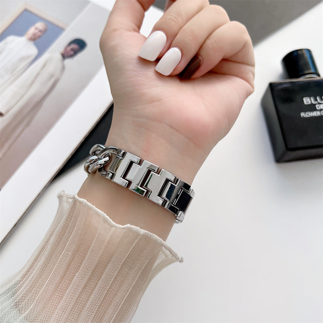 Smartwatch-armbånd, enkeltrække, denimkæde, metal