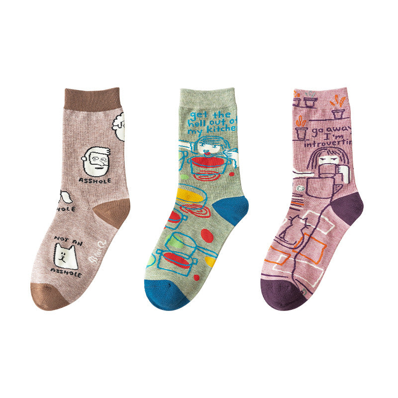 Personality Contrast Color Graffiti Women's Tube Socks Street Style Fashion Cotton Socks