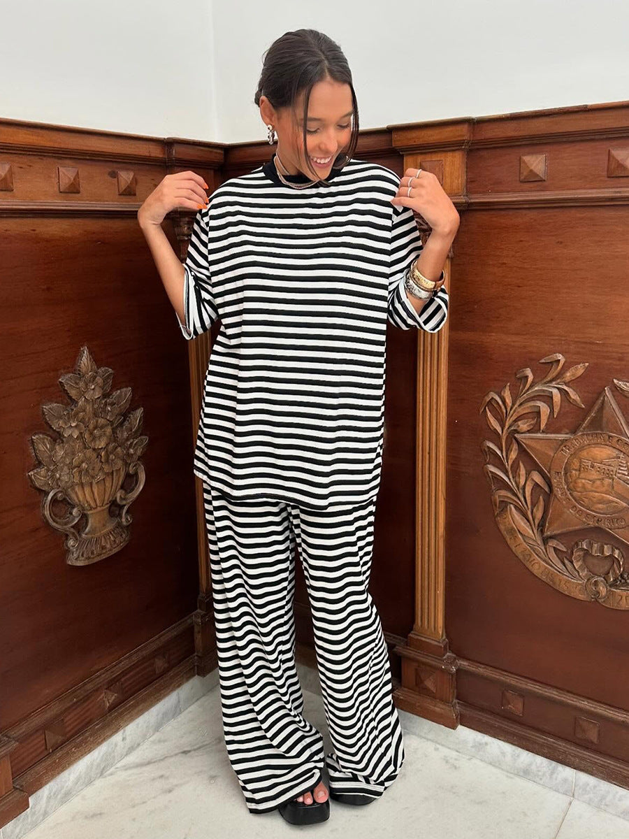 Striped Short Sleeved Long Pants Two-piece Set