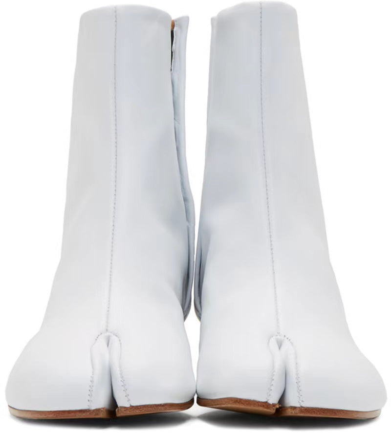 Split-toe Shoes Female Mid Heel Authentic Leather Chunky Heel Middle Boots