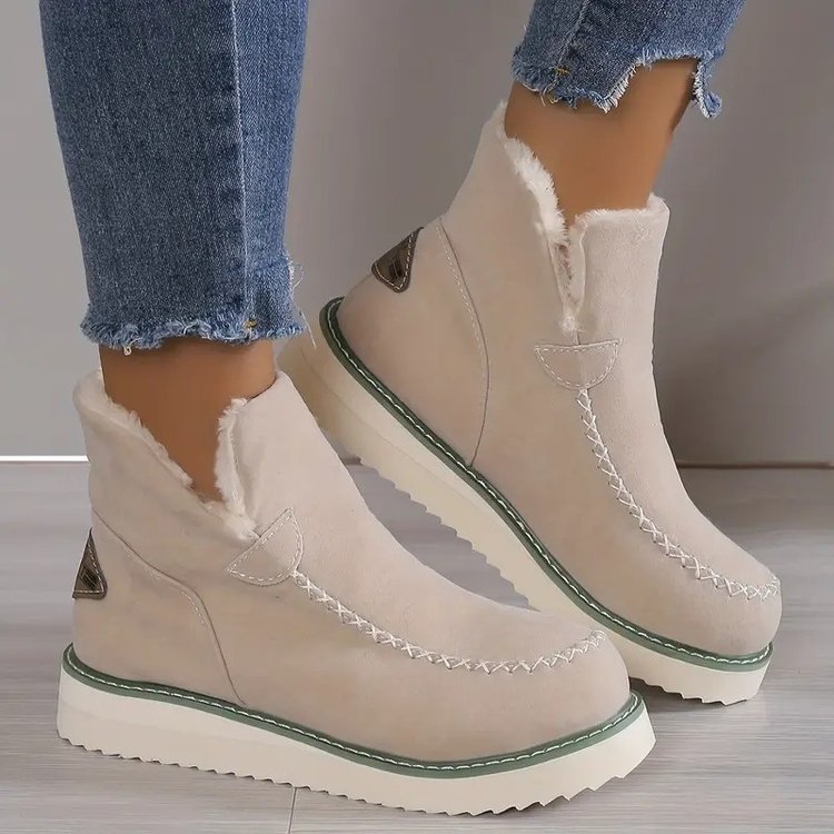 Winter Snow Boots Warm V-cut Flat Ankle Boot Women's Plus Size Solid Color Slip-on Shoes