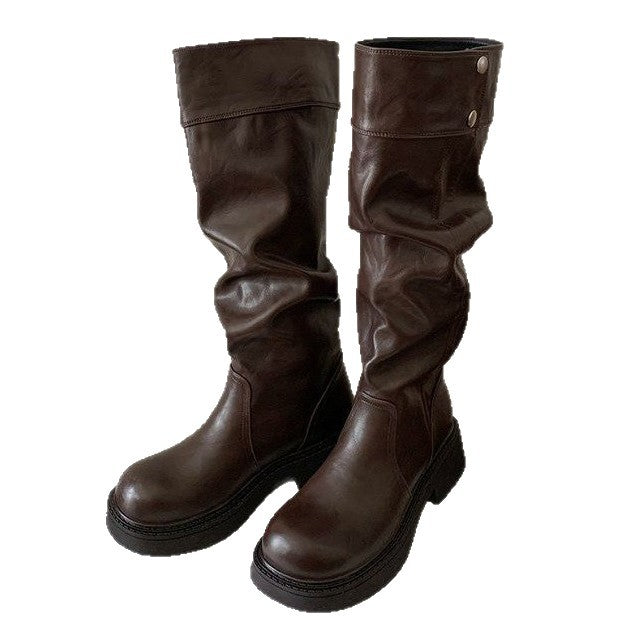 Women's 5cm Height-Enhancing Three-Dimensional Round-Toe Thick-Soled Chunky-Heel Riding Boots With Snap Buttons
