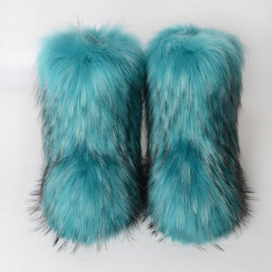 Winter Fur Integrated Imitation Raccoon Fur Women's Snow Boots Fluffy Shoes Outdoor Middle Boots