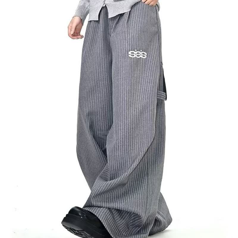 Afslappede bukser med brede ben, stribet workwear-stil, amerikansk pasform