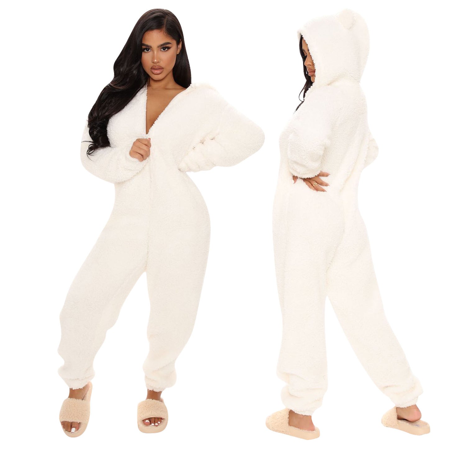 New Autumn And Winter Long Sleeve Hooded Casual Jumpsuit Trousers Plush Homewear Pajamas Cute Jumpsuit