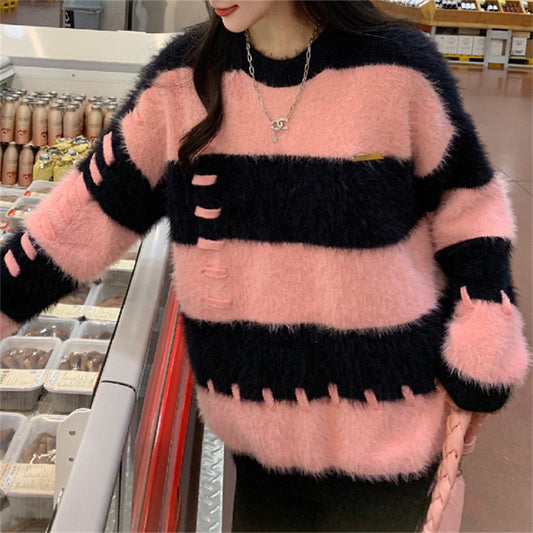 Women's Sweater Thick Gentle Loose Lazy Stripe Japanese Retro