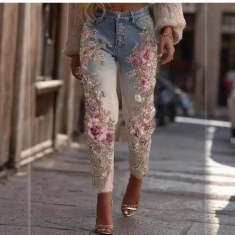 Womens Colorful Floral Loose-fit Jeans