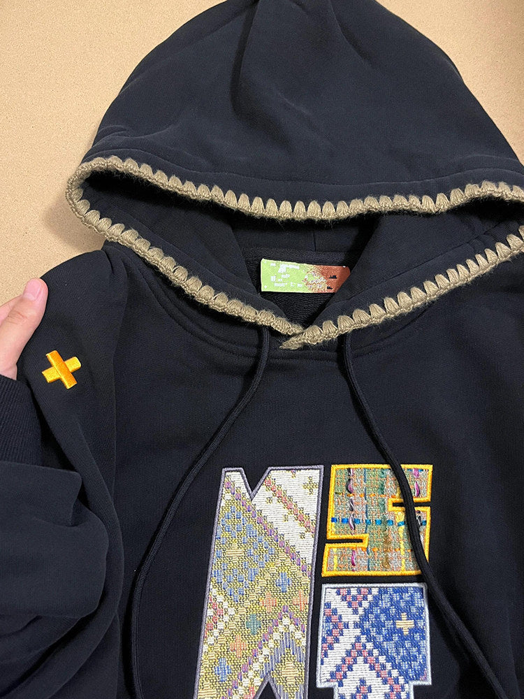Retro Ethnic Style Woven Patch Versatile Loose Hooded Sweater