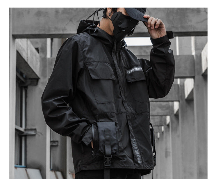 Men's Functional Loose Jacket Dark Hooded Windproof Stitching Reflective