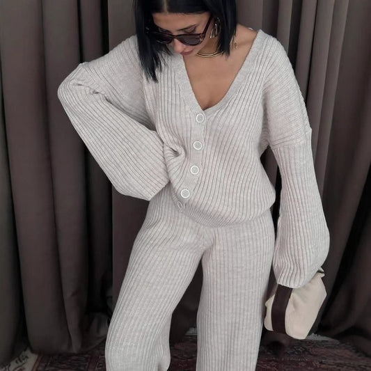 Casual Women's Solid Color Long Sleeve Button Cardigan Sweater Pants Set