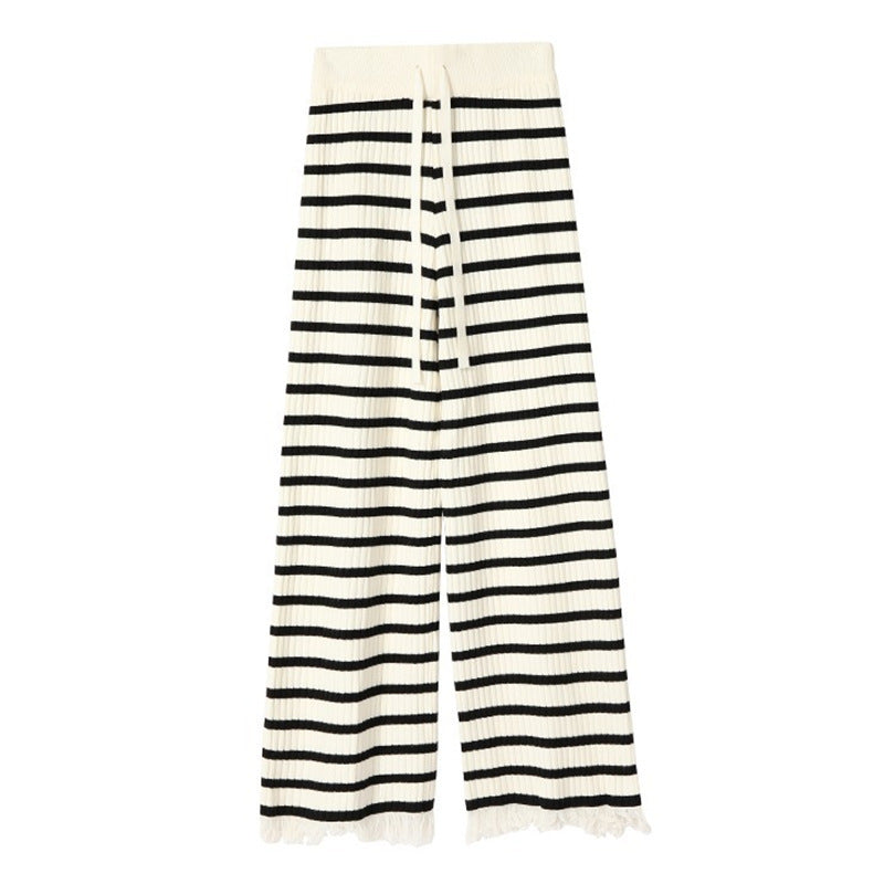 Women's Striped Tassel Knitted Wide-leg Pants Loose