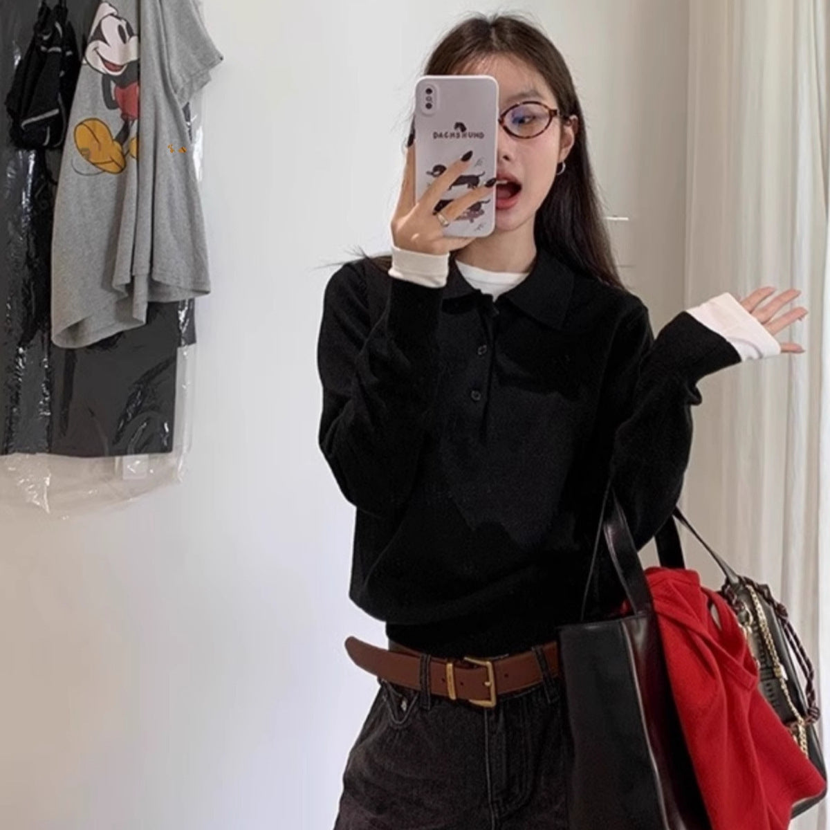Korean-Style Youthful Embroidered Polo-Neck Knit Top